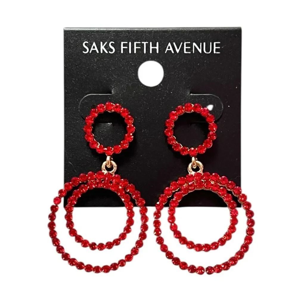 Saks Fifth Avenue Bright Red Crystal Double Hoop Earrings